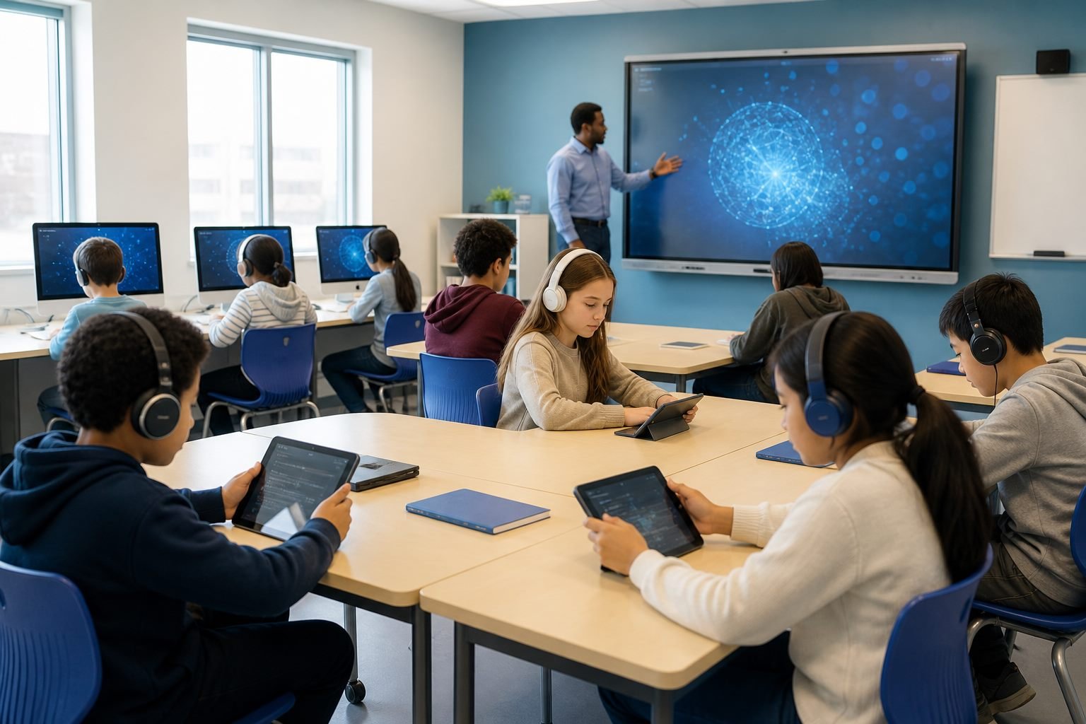 AI Lab classroom with tablets, screens, and computers